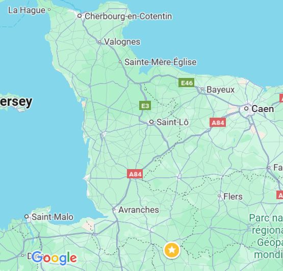 Map from Cherbourg towards Saint Lo and Saint Hilaire
