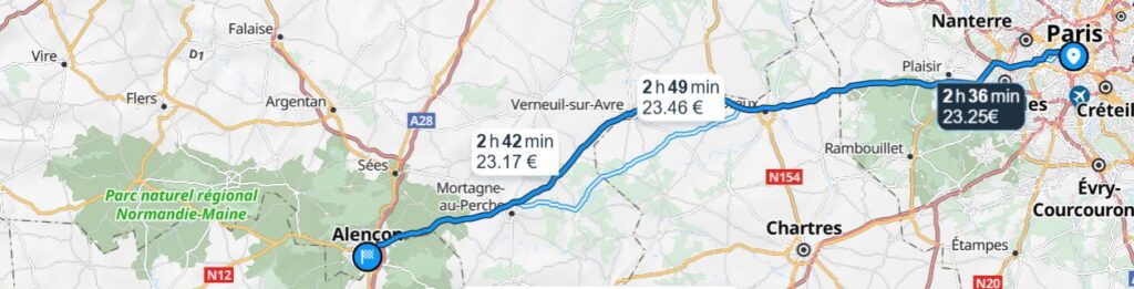 Paris to Alencon road map