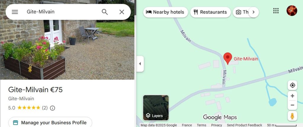 Google Maps screenshot showing reciew score for Gite-Milvain in September 2025