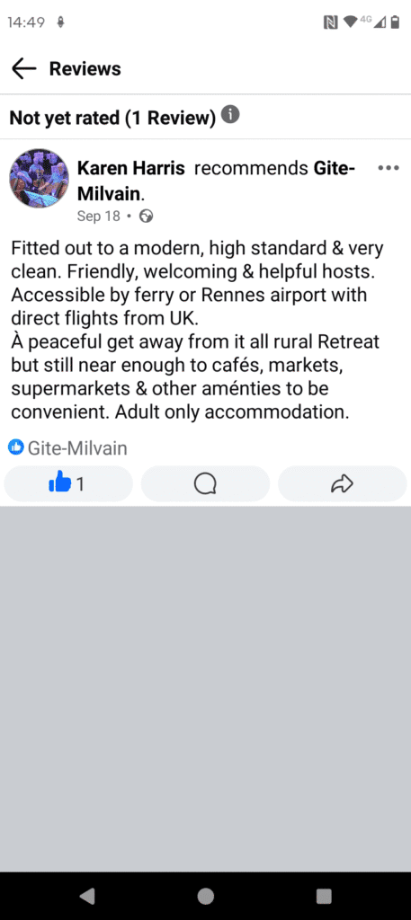 Facebook screenshot of a review for Gite-Milvain